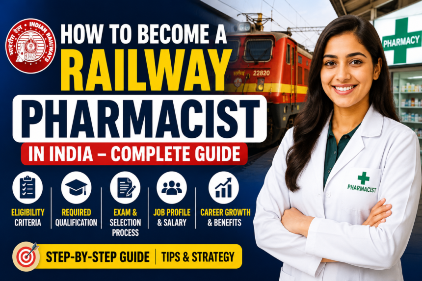 Professional YouTube thumbnail showing a smiling female pharmacist in front of an Indian Railway train with bold text “How to Become a Railway Pharmacist in India – Complete Guide”.
