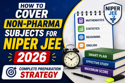 NIPER JEE 2026 preparation thumbnail showing non-pharma subjects strategy with books, study planner, and exam preparation design.