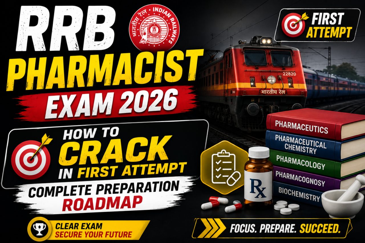 Dark-themed RRB Pharmacist Exam 2026 thumbnail featuring an Indian railway train, pharmacy books, medicine bottle, and bold text about cracking the exam in first attempt with complete preparation roadmap.