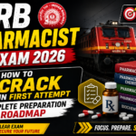 Dark-themed RRB Pharmacist Exam 2026 thumbnail featuring an Indian railway train, pharmacy books, medicine bottle, and bold text about cracking the exam in first attempt with complete preparation roadmap.