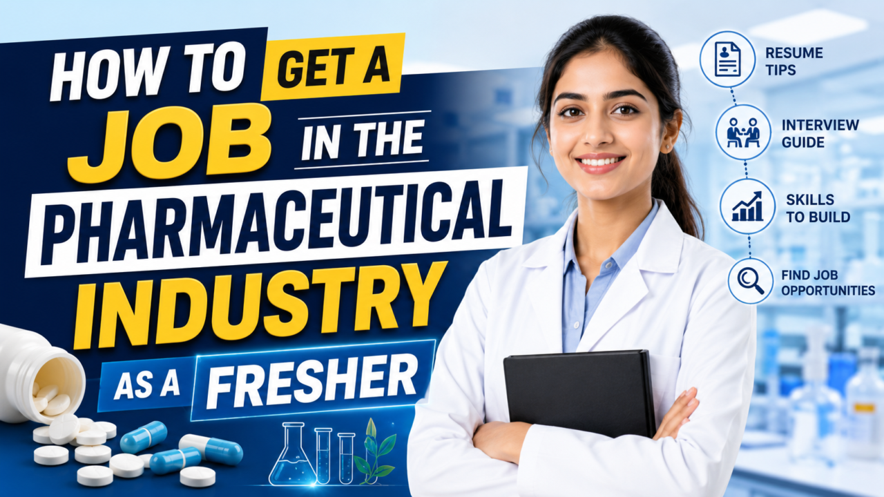 Professional 16:9 thumbnail showing a young pharmacist in a laboratory with bold text “How to Get a Job in the Pharmaceutical Industry as a Fresher” along with resume, interview, and career guidance icons.