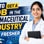 Professional 16:9 thumbnail showing a young pharmacist in a laboratory with bold text “How to Get a Job in the Pharmaceutical Industry as a Fresher” along with resume, interview, and career guidance icons.