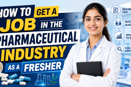Professional 16:9 thumbnail showing a young pharmacist in a laboratory with bold text “How to Get a Job in the Pharmaceutical Industry as a Fresher” along with resume, interview, and career guidance icons.