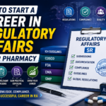 Thumbnail showing Regulatory Affairs career pathway after pharmacy with compliance documents, approval stamp, global regulation icons, and professional blue gradient background.