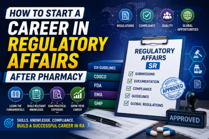Thumbnail showing Regulatory Affairs career pathway after pharmacy with compliance documents, approval stamp, global regulation icons, and professional blue gradient background.