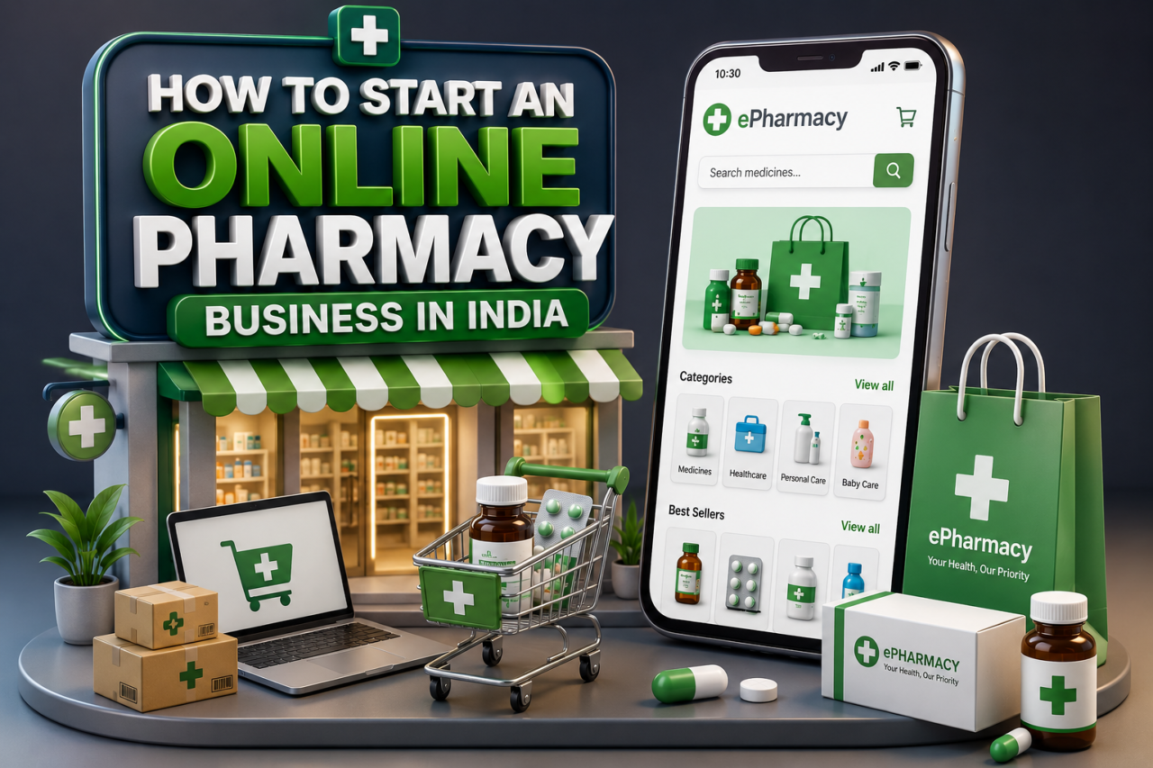 3D online pharmacy business thumbnail showing ePharmacy mobile app, medicines, shopping cart, and digital healthcare business setup concept.