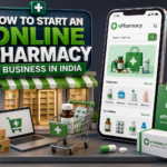 3D online pharmacy business thumbnail showing ePharmacy mobile app, medicines, shopping cart, and digital healthcare business setup concept.
