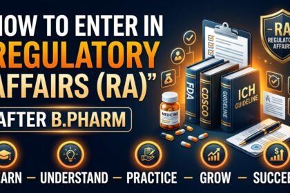 Educational thumbnail about how to enter Regulatory Affairs (RA) after B.Pharm featuring bold typography, FDA/CDSCO/ICH guideline books, regulatory documents, medicine bottle, and glowing professional design elements on a dark blue background.