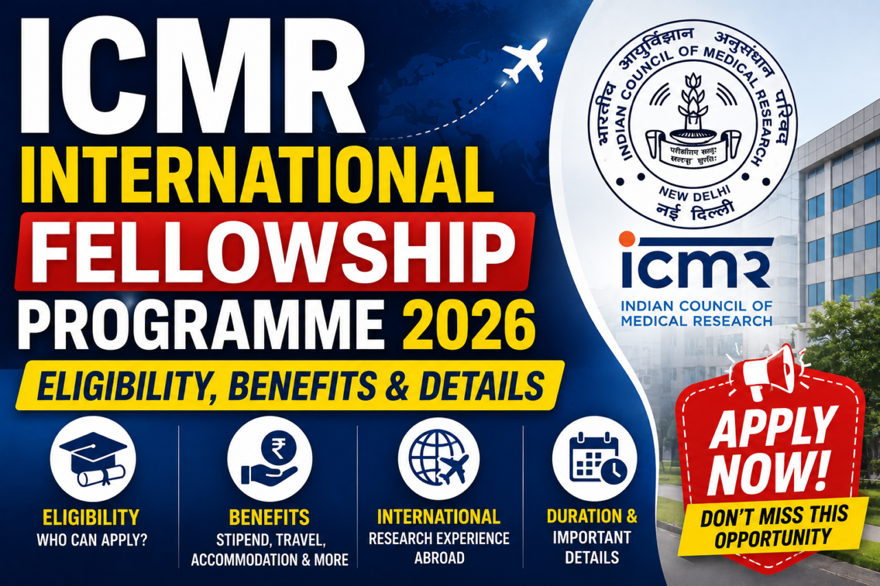 Thumbnail for ICMR International Fellowship Programme 2026 featuring ICMR logo, bold fellowship text, eligibility and benefits highlights, and an “Apply Now” callout on a blue background.
