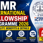 Thumbnail for ICMR International Fellowship Programme 2026 featuring ICMR logo, bold fellowship text, eligibility and benefits highlights, and an “Apply Now” callout on a blue background.