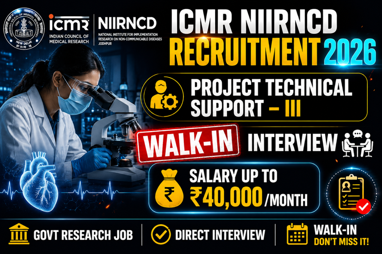 ICMR NIIRNCD Recruitment 2026 thumbnail with dark blue background showing a female scientist using a microscope, bold yellow and white recruitment text, walk-in interview stamp, and salary up to ₹40,000 per month.