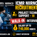 ICMR NIIRNCD Recruitment 2026 thumbnail with dark blue background showing a female scientist using a microscope, bold yellow and white recruitment text, walk-in interview stamp, and salary up to ₹40,000 per month.