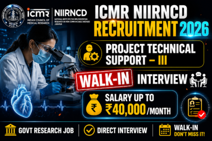 ICMR NIIRNCD Recruitment 2026 thumbnail with dark blue background showing a female scientist using a microscope, bold yellow and white recruitment text, walk-in interview stamp, and salary up to ₹40,000 per month.