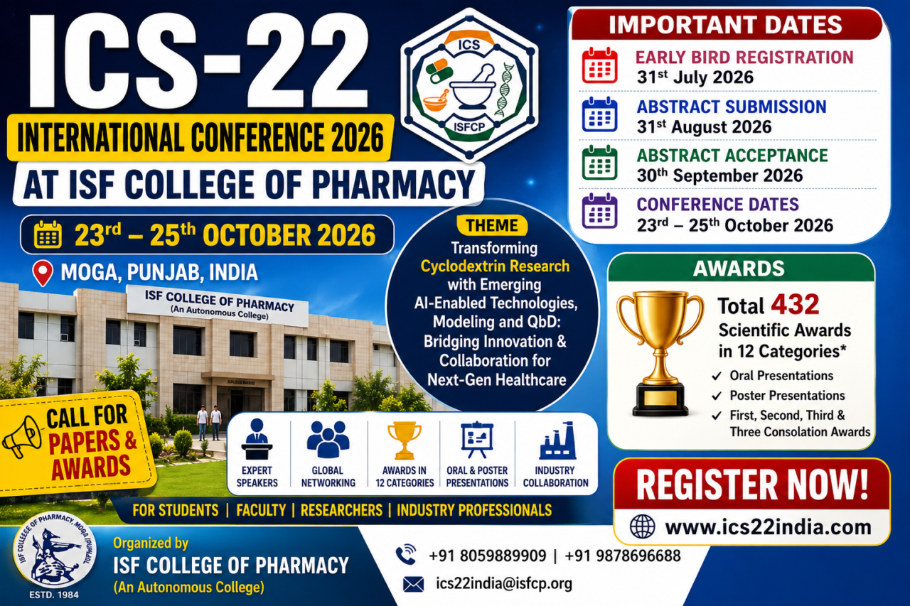 ICS-22 International Conference 2026 thumbnail featuring ISF College of Pharmacy, conference dates, awards information, abstract submission deadlines, and registration details with a modern blue academic design.