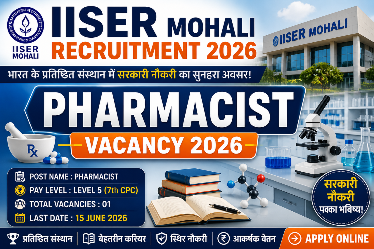 IISER Mohali Pharmacist Vacancy 2026 recruitment thumbnail with lab background and job details