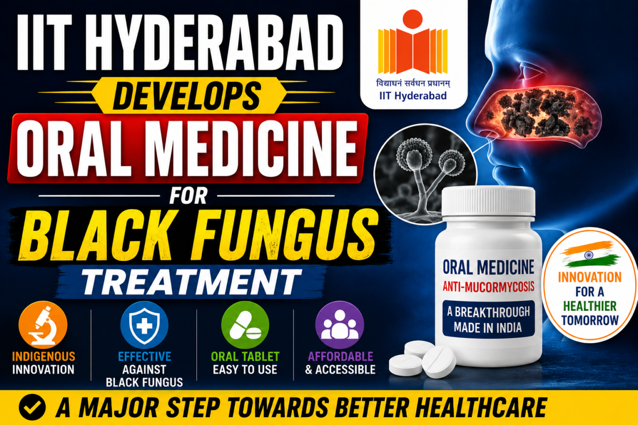 Thumbnail showing IIT Hyderabad developing oral medicine for black fungus treatment, featuring medicine bottle, fungal infection graphics, and bold healthcare innovation text on a dark medical background.