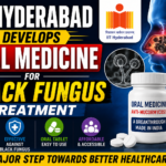 Thumbnail showing IIT Hyderabad developing oral medicine for black fungus treatment, featuring medicine bottle, fungal infection graphics, and bold healthcare innovation text on a dark medical background.