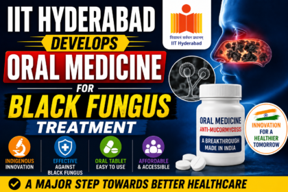 Thumbnail showing IIT Hyderabad developing oral medicine for black fungus treatment, featuring medicine bottle, fungal infection graphics, and bold healthcare innovation text on a dark medical background.