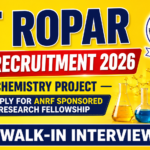 Bright yellow gradient thumbnail for IIT Ropar JRF Recruitment 2026 Chemistry Project with walk-in interview banner, IIT Ropar logo, microscope, chemistry lab glassware, and ANRF sponsored research fellowship text.
