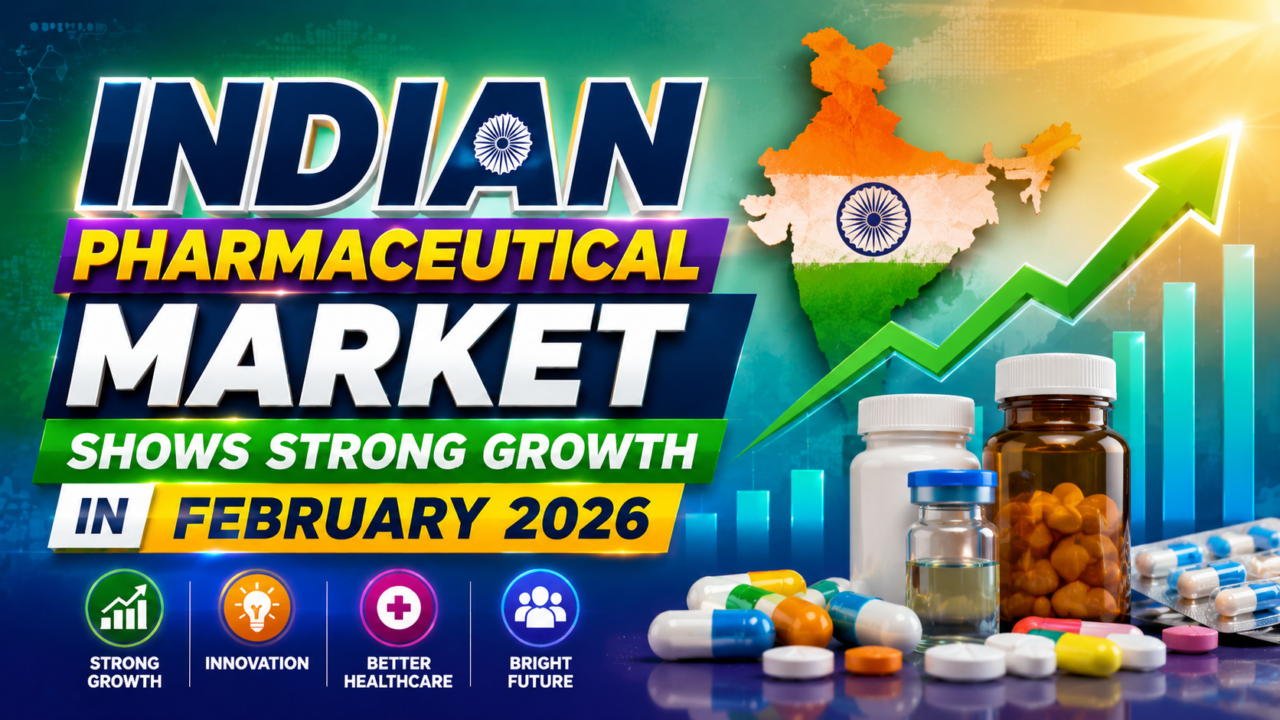 Colorful 16:9 thumbnail showing strong growth in the Indian pharmaceutical market in February 2026 with rising graph, medicine bottles, capsules, and India map on a vibrant green-blue gradient background.