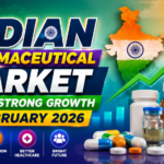 Colorful 16:9 thumbnail showing strong growth in the Indian pharmaceutical market in February 2026 with rising graph, medicine bottles, capsules, and India map on a vibrant green-blue gradient background.