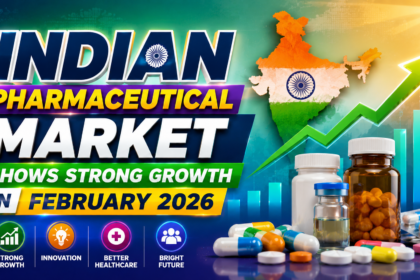 Colorful 16:9 thumbnail showing strong growth in the Indian pharmaceutical market in February 2026 with rising graph, medicine bottles, capsules, and India map on a vibrant green-blue gradient background.