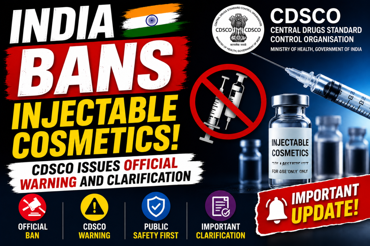 Thumbnail showing India banning injectable cosmetics with CDSCO warning notice, syringe graphics, cosmetic injection vial, and bold breaking-news style text on a dark background.