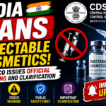 Thumbnail showing India banning injectable cosmetics with CDSCO warning notice, syringe graphics, cosmetic injection vial, and bold breaking-news style text on a dark background.