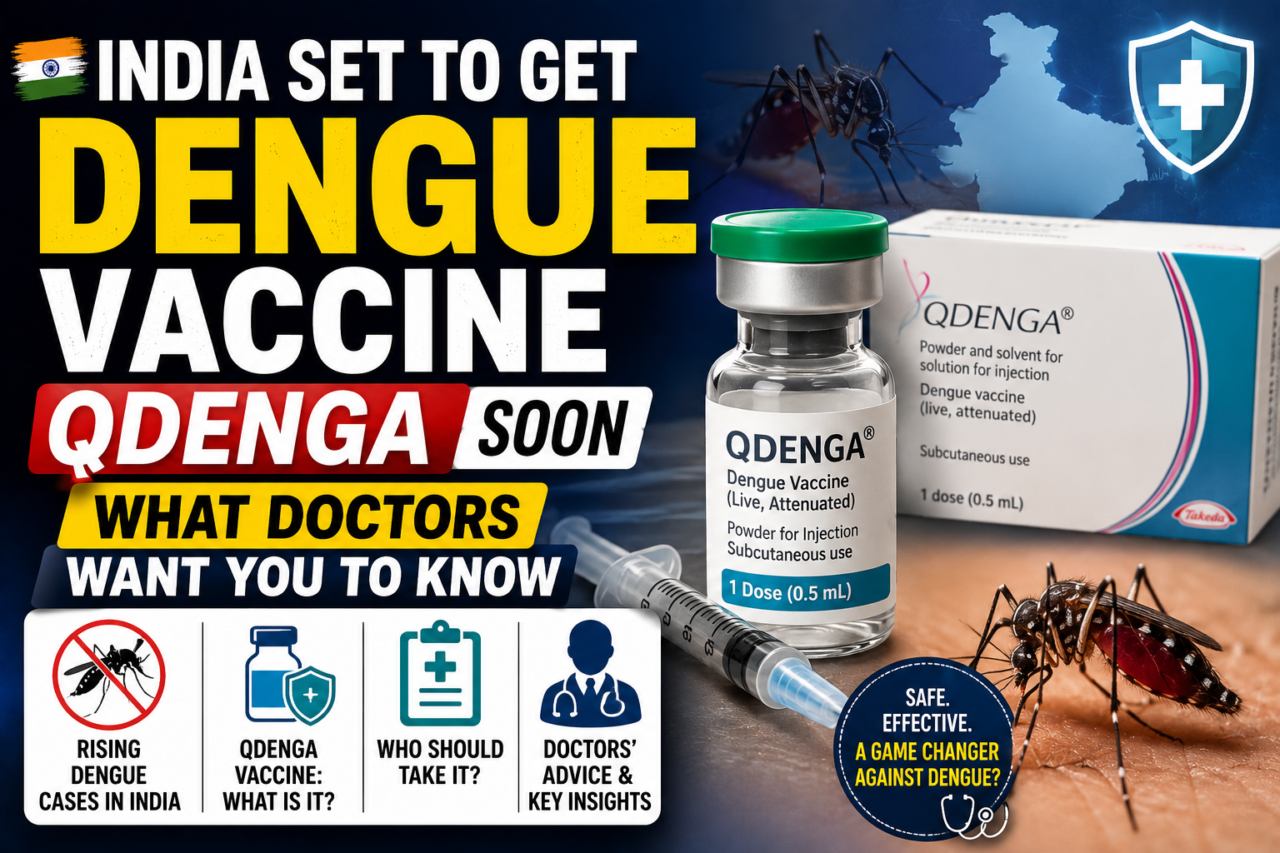 News-style thumbnail showing Qdenga dengue vaccine vial, syringe, dengue mosquito, and bold text about India getting the dengue vaccine soon with doctors’ advice.