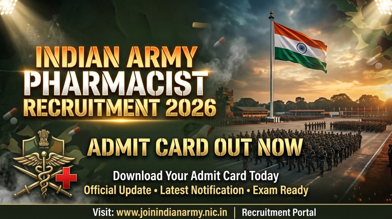 Indian Army Pharmacist Recruitment 2026 admit card announcement poster featuring Indian soldiers marching near a large Indian flag, military medical emblem, camouflage background, and bold golden text saying “Admit Card Out Now”.
