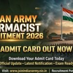 Indian Army Pharmacist Recruitment 2026 admit card announcement poster featuring Indian soldiers marching near a large Indian flag, military medical emblem, camouflage background, and bold golden text saying “Admit Card Out Now”.