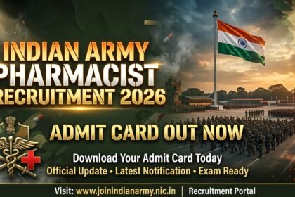 Indian Army Pharmacist Recruitment 2026 admit card announcement poster featuring Indian soldiers marching near a large Indian flag, military medical emblem, camouflage background, and bold golden text saying “Admit Card Out Now”.