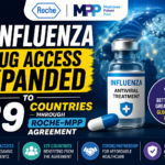 Thumbnail showing influenza antiviral drug access expansion through Roche and Medicines Patent Pool agreement, featuring global healthcare graphics, medicine vial, and “129 Countries” highlight on a blue medical background.