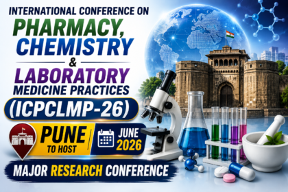 Thumbnail for ICPCLMP-26 international conference featuring pharmacy, chemistry, and laboratory medicine visuals with Pune city landmark, scientific equipment, and June 2026 event announcement.