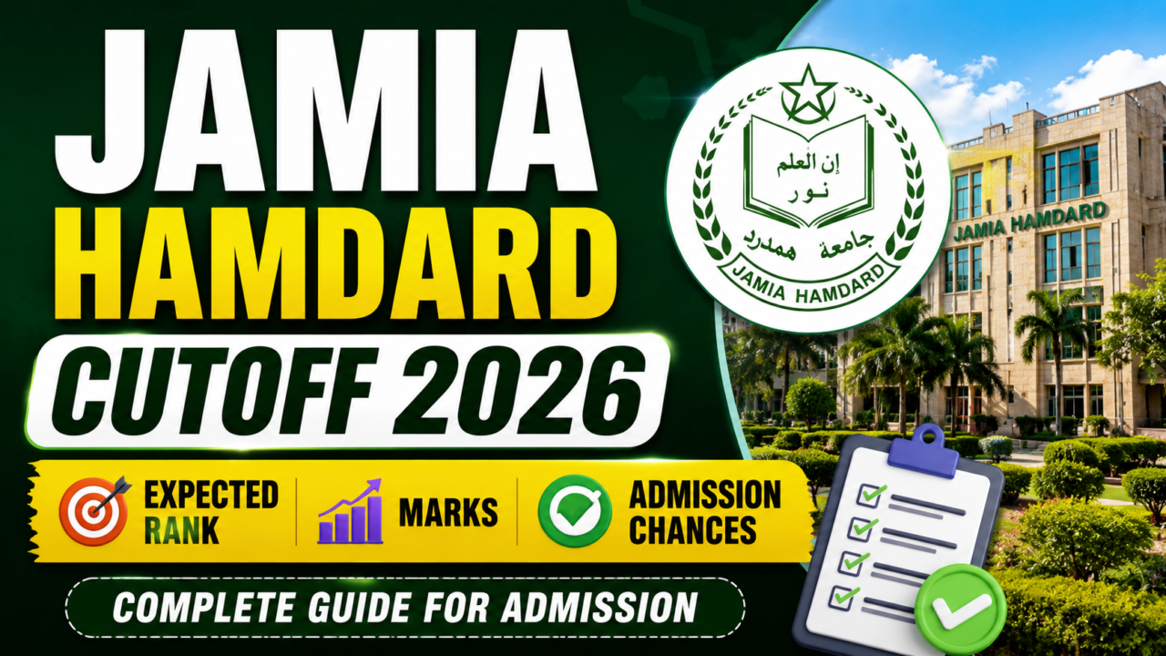 Jamia Hamdard Cutoff 2026 YouTube thumbnail featuring bold white and yellow text, university logo, campus building, expected rank, marks, and admission chances in a green-themed design.
