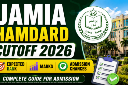 Jamia Hamdard Cutoff 2026 YouTube thumbnail featuring bold white and yellow text, university logo, campus building, expected rank, marks, and admission chances in a green-themed design.