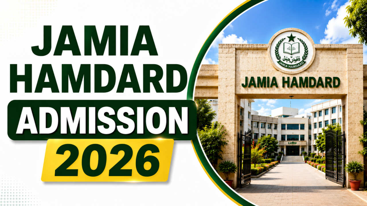 Minimal and modern Jamia Hamdard Admission 2026 thumbnail featuring bold green typography and the university entrance gate with a clean white background.
