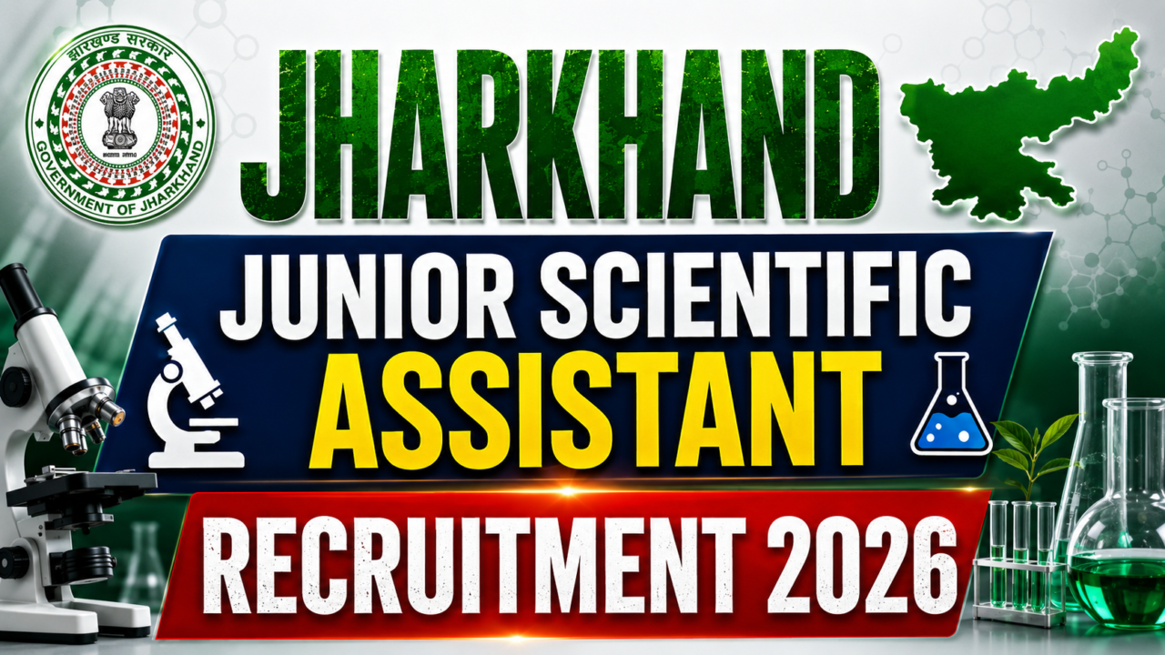 Jharkhand Junior Scientific Assistant Recruitment 2026 thumbnail with laboratory equipment, microscope, test tubes, Jharkhand map, and government recruitment design.