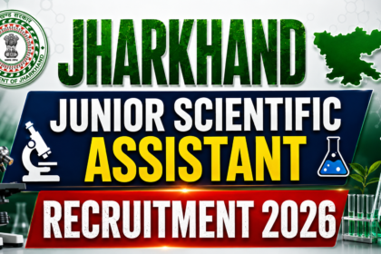 Jharkhand Junior Scientific Assistant Recruitment 2026 thumbnail with laboratory equipment, microscope, test tubes, Jharkhand map, and government recruitment design.