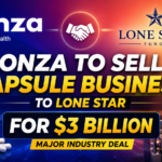 Colorful 16:9 thumbnail showing Lonza selling its capsule business to Lone Star Funds for $3 billion, featuring capsule manufacturing visuals, company logos, and bold business deal headline with gradient background.