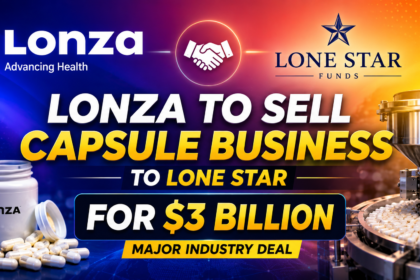 Colorful 16:9 thumbnail showing Lonza selling its capsule business to Lone Star Funds for $3 billion, featuring capsule manufacturing visuals, company logos, and bold business deal headline with gradient background.