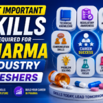 Thumbnail showing important skills required for pharma industry freshers with 3D skill icons, medicine capsules, pharma bottle, and blue gradient background.
