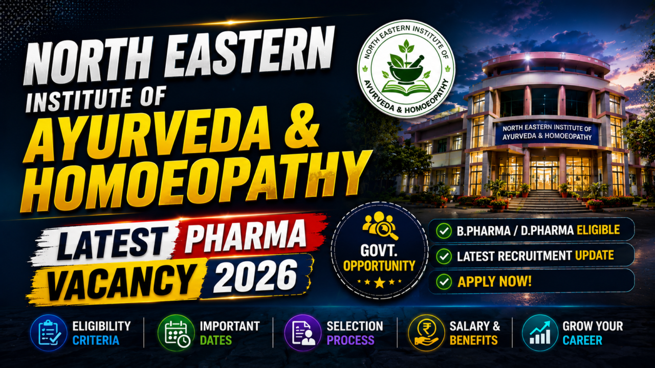 North Eastern Institute of Ayurveda & Homoeopathy latest pharma vacancy 2026 thumbnail with dark background, institute building, recruitment highlights, and modern glowing design.