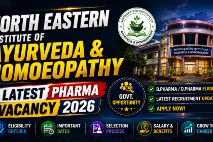 North Eastern Institute of Ayurveda & Homoeopathy latest pharma vacancy 2026 thumbnail with dark background, institute building, recruitment highlights, and modern glowing design.