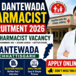 Thumbnail for NHM Dantewada Pharmacist Recruitment 2026 showing a pharmacist in front of a health center in Dantewada, Chhattisgarh with recruitment details and apply online banner.