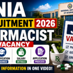 NIA Recruitment 2026 Pharmacist Vacancy thumbnail featuring bold yellow and white text, pharmacy job vacancy clipboard, medicine bottle, Rx bowl, and National Institute of Ayurveda building with gradient blue background.