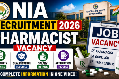 NIA Recruitment 2026 Pharmacist Vacancy thumbnail featuring bold yellow and white text, pharmacy job vacancy clipboard, medicine bottle, Rx bowl, and National Institute of Ayurveda building with gradient blue background.