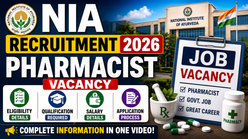 NIA Recruitment 2026 Pharmacist Vacancy thumbnail featuring bold yellow and white text, pharmacy job vacancy clipboard, medicine bottle, Rx bowl, and National Institute of Ayurveda building with gradient blue background.