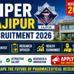 NIPER Hajipur Recruitment 2026 thumbnail featuring Scientist, Research Officer, Health Economist, and Field Investigator vacancies with NIPER Hajipur campus building and institute logo.