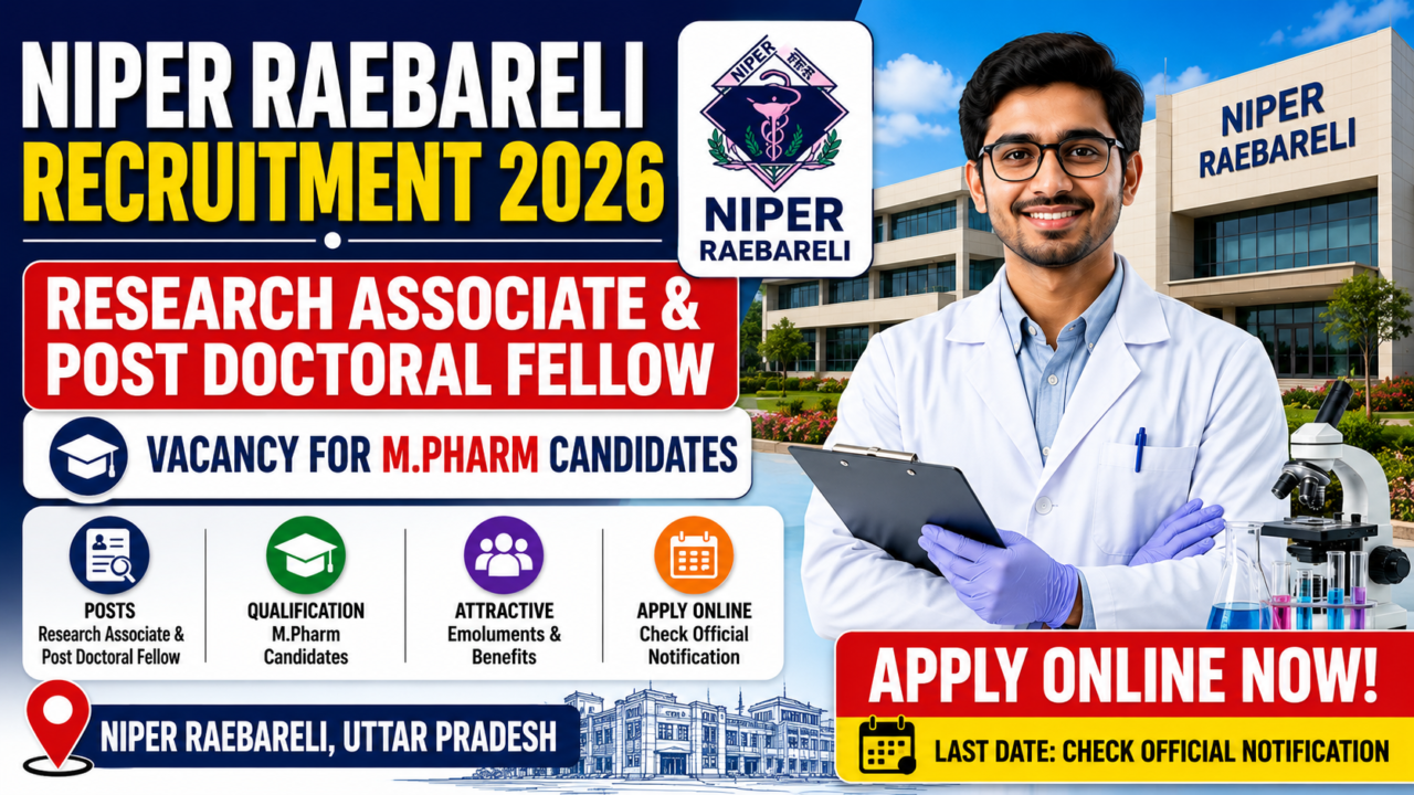 Thumbnail for NIPER Raebareli Recruitment 2026 featuring a male research scientist in a lab coat with NIPER campus background and recruitment details for Research Associate and Post Doctoral Fellow posts.